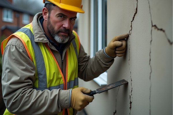 Wall rendering repair in progress with scaffolding and worker applying smooth render
